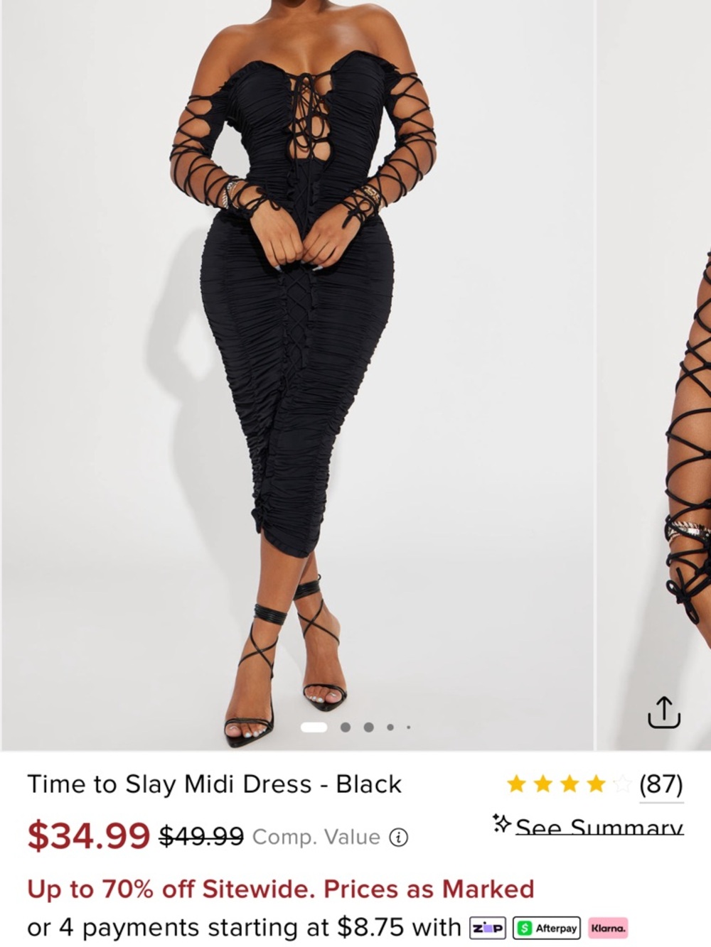 Fashion Nova Black Ruched Midi Dress with Adjustable Ties